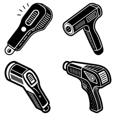 Obraz premium Four black and white illustrations of handheld temperature measuring devices in various orientations