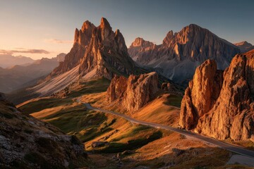 Fototapeta premium Peaky rock mountain range at sunset with a winding road, showcasing rugged peaks and sun-kissed slopes under a clear sky