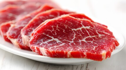 Fresh beef slices arranged on a plate.
