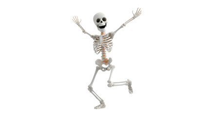 A joyful skeleton is shown with arms raised while running, perfect for Halloween.