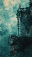 Ancient Stone Building on a Cliff Overlooking Misty Sky