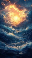 Ocean Waves Crashing Under a Dramatic Sky at Sunset