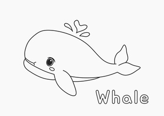 Obraz premium Illustration of whale line art with simple outline. Coloring page for kids.