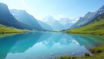 Fototapeta premium Serene Alpine Lake Reflecting Majestic Snow Capped Mountains on a Sunny Day