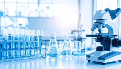 A lab with a microscope and a table with a few vials on it. Scene is scientific and focused