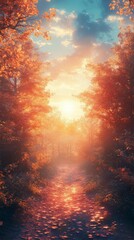 Pathway Through Autumn Forest with Sunlight and Colorful Leaves
