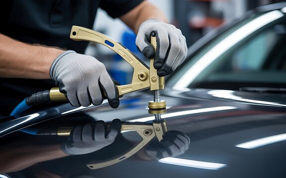 Skilled technician meticulously repairs a car s dent using specialized paintless dent repair tools in a professional auto body shop