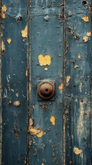 Fototapeta premium Old Wooden Door Detail with Weathered Paint and Rustic Bell