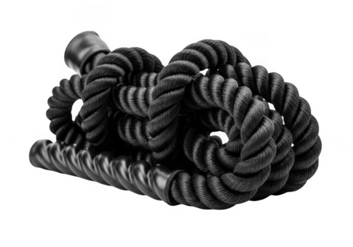 Thick black rope tied in a complex knot isolated on transparent background
