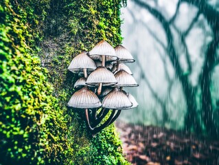 Enchanting forest scene showcasing clustered mushrooms on a mossy tree during rainfall