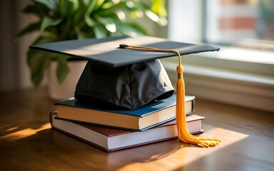 A graduation cap rests on a stack of books near a sunlit window symbolizing academic achievement and the pursuit of knowledge