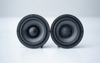 Two black car audio speakers with rubber surrounds and paper cones are positioned side by side on a clean white background