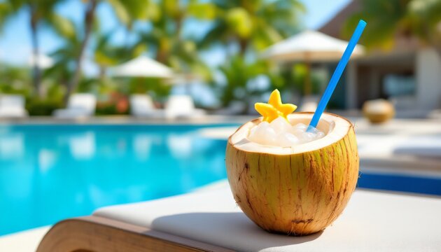 Refreshing Coconut Drink by Poolside Tropical Summer Vacation Cocktail
