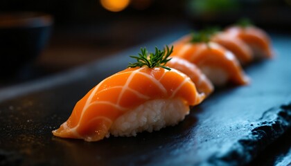 Delicious Salmon Nigiri Sushi on Dark Slate Plate Close Up Japanese Cuisine Gourmet Food Photography