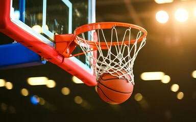 A basketball swishes through the net of a hoop during a dimly lit game with bright stadium lights in the background