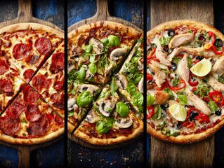Freshly Baked Pizzas with Assorted Toppings on Wooden Plates

