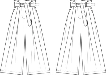 High waist pleated pants front view, belt detail, wide leg fashion sketch, technical drawing, garment design, clothing illustration, textile