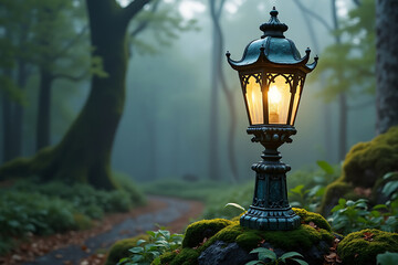 Naklejka premium Enchanted Forest Pathway A Mystical Journey Through a Foggy Woodland with a Glowing Lamp Post Guiding the Way