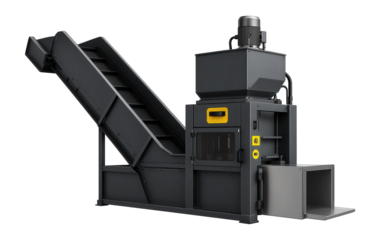 Automated baler with a conveyor and bale ejector for continuous plastic bottle pressing in a high-volume recycling line.