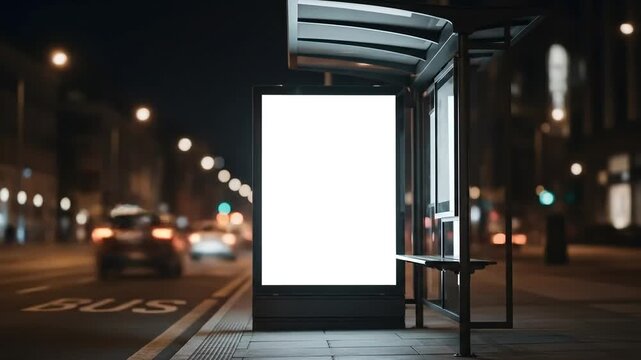 An empty illuminated advertising panel at a modern bus stop shelter in a vibrant city at night.
