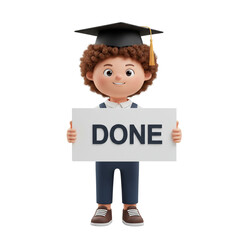 Cartoon boy in graduation cap holding sign that says DONE