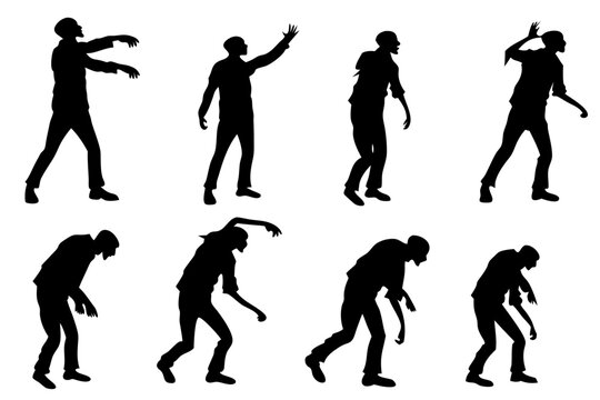 Collection of spooky zombie silhouettes in various poses. Creepy undead character figures walking, shambling, and reaching for apocalyptic designs.