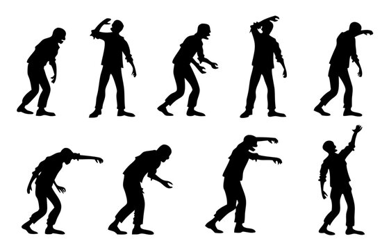 A collection of zombie silhouettes in various shuffling and lurching poses. Set of spooky undead monster figures for horror designs.