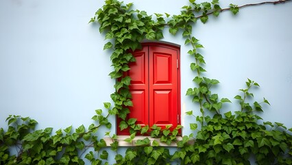 red window with Lush Green Vine on Light Blue Wall