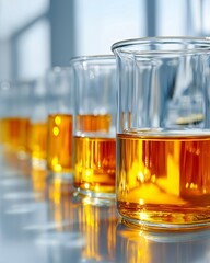 Close-up shot of a row of laboratory beakers filled with orange liquid, hinting at scientific research and experimentation