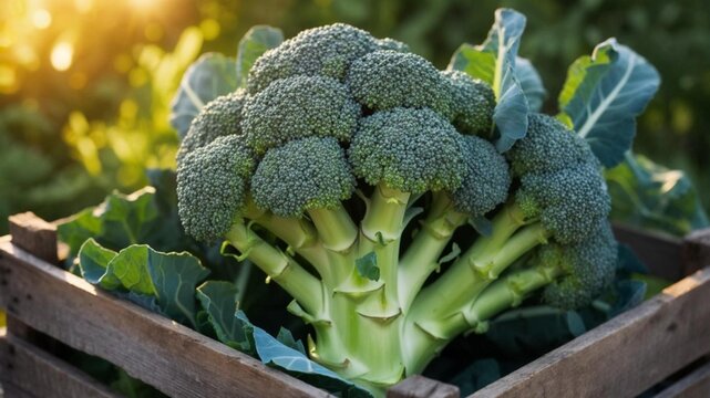Fresh organic broccoli harvested in the morning sun, placed in a wooden crate. Perfect for healthy living, farm-to-table, and organic vegetable marketing visuals.
