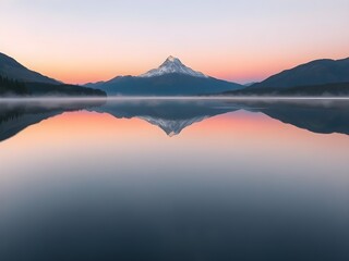 Fototapeta premium Serene mountain lake at dawn or dusk, reflecting the beauty of the sky, clouds, and surrounding nature