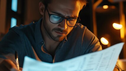 Close-up of focused man reading papers and reviewing financial statements