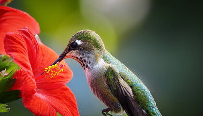 Fototapeta premium hummingbird feeding on red flower close up nature scene beautiful wildlife
