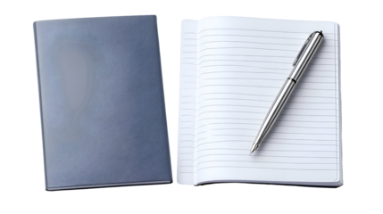 Blue Notebook and Silver Pen on White Background Top View Minimalist Office Supplies Stationery Flatlay Image, Perfect for Productivity Organization