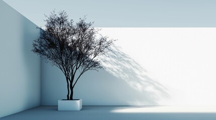 Obraz premium A solitary tree standing in an empty room with shadows across wall