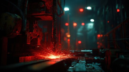 Fototapeta premium Menacing factory floor with sparking machinery and ominous red warning lights 
