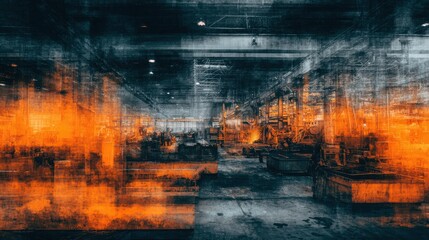 Obraz premium Threatening factory interior with burning welders and alarm beacons 