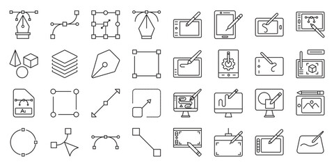 Vector Drawing Tools Collection set of web icons in line style. vector drawing, outline vector, digital drawing tools and vector illustration. 