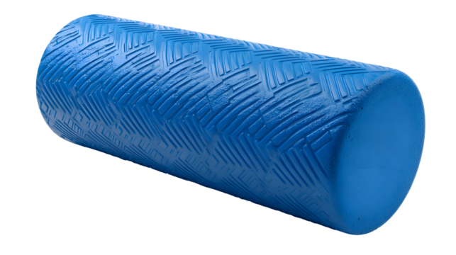 Blue Textured Cylindrical Foam Roller for Exercise and Physical Therapy, Isolated on Transparent Background, Ideal for Muscle Recovery and Self