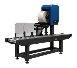 Linear labeling machine with a conveyor belt and top applicator for applying labels on flat surfaces in packaging plants