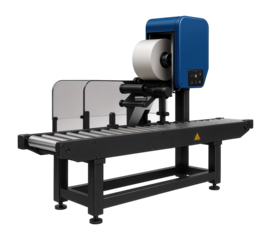 Linear labeling machine with a conveyor belt and top applicator for applying labels on flat surfaces in packaging plants