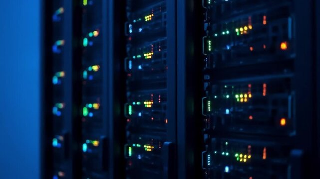 Brightly lit server racks hum with activity in a modern data center, showcasing the backbone of digital information.