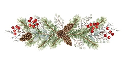 Watercolor christmas garland featuring pine cones red berries white berries and evergreen branches