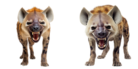 Two snarling hyenas with bared teeth and aggressive expressions face forward, displaying their distinct spotted fur and muscular build.