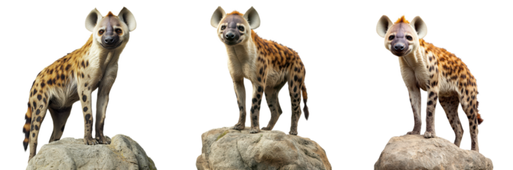 Three spotted hyenas stand alert on rocks, displaying their distinctive fur patterns and muscular build.