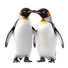 Obraz premium Two adult king penguins facing each other with black, white, and orange plumage, standing upright with their beaks nearly touching.