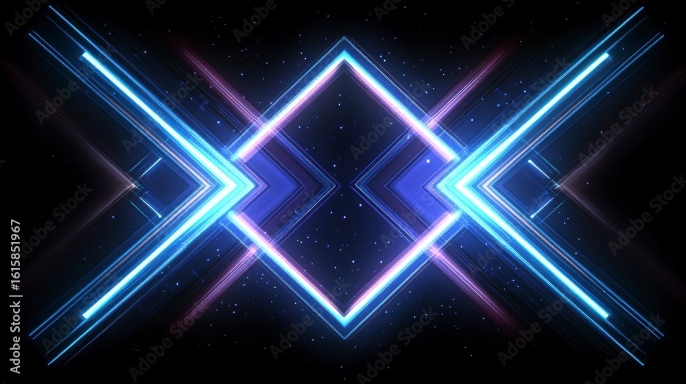 Wall mural abstract glowing neon lines and shapes on dark background.