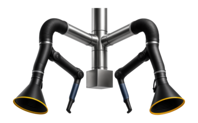 Ceiling-suspended fume extraction system with dual hoods and adjustable ducting for a large-scale welding workshop