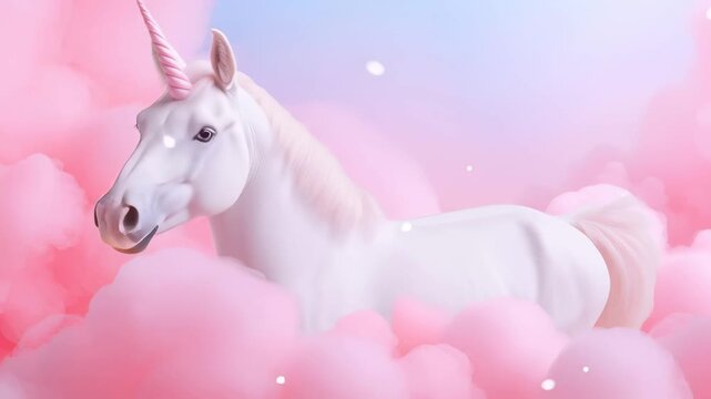 White unicorn with pink spiral horn positioned among soft pink clouds against pastel blue and pink gradient background. Magical fantasy creature rendered in glowing sparkle elements.