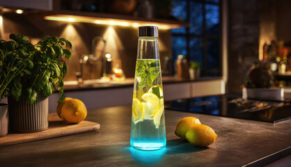 Brightly lit glass bottle with lemon and mint on kitchen counter during evening hours